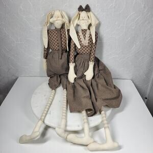 VTG Mr &‎ Mrs Rabbit Dolls 29" Handmade Brown Primitive Folk Plush Easter Decor